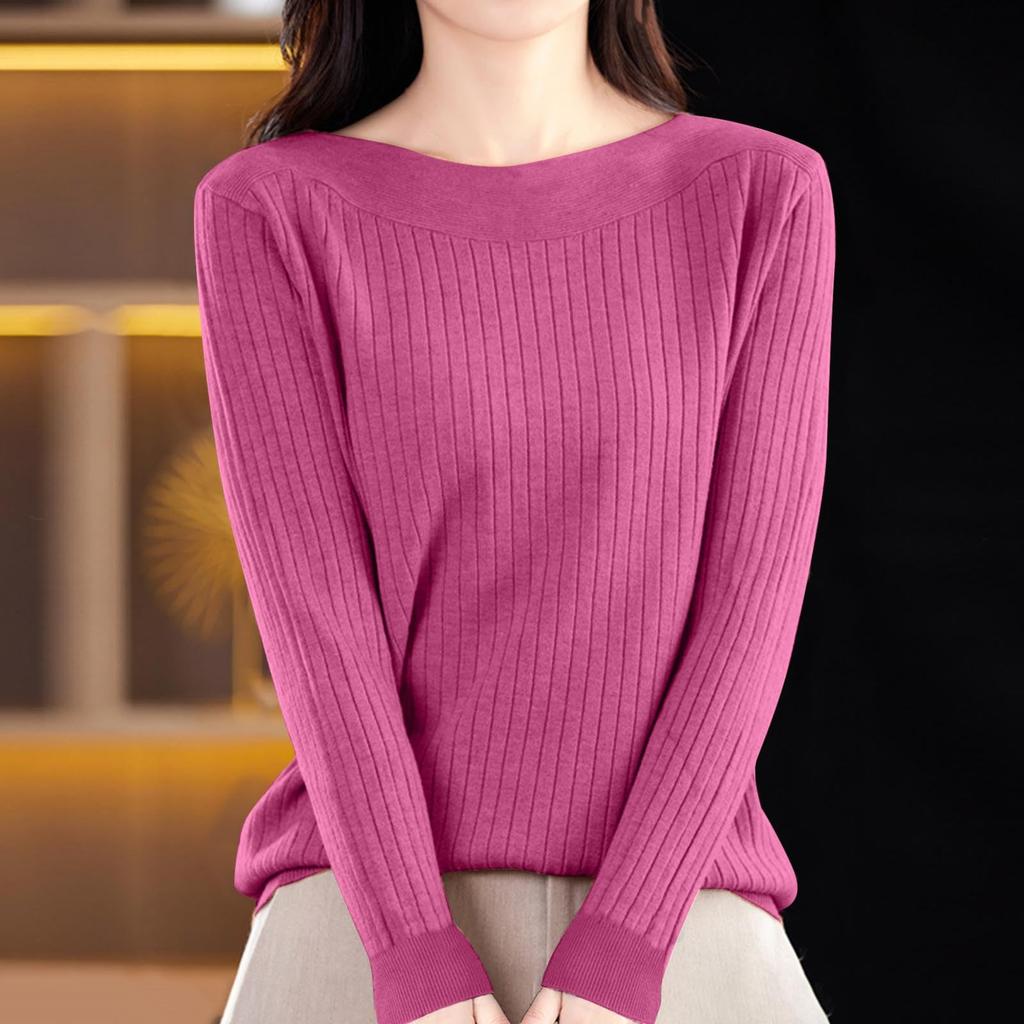 Women's Casual Round Neck Knitted Long Sleeve Undershirt One-Shoulder Sweater