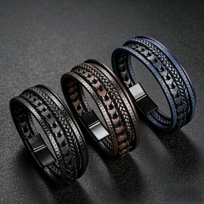 1Pc Men's Woven Leather Bracelet, Multi-layer Spliced Leather Bracelet, Magnetic Buckle Men's Jewelry.