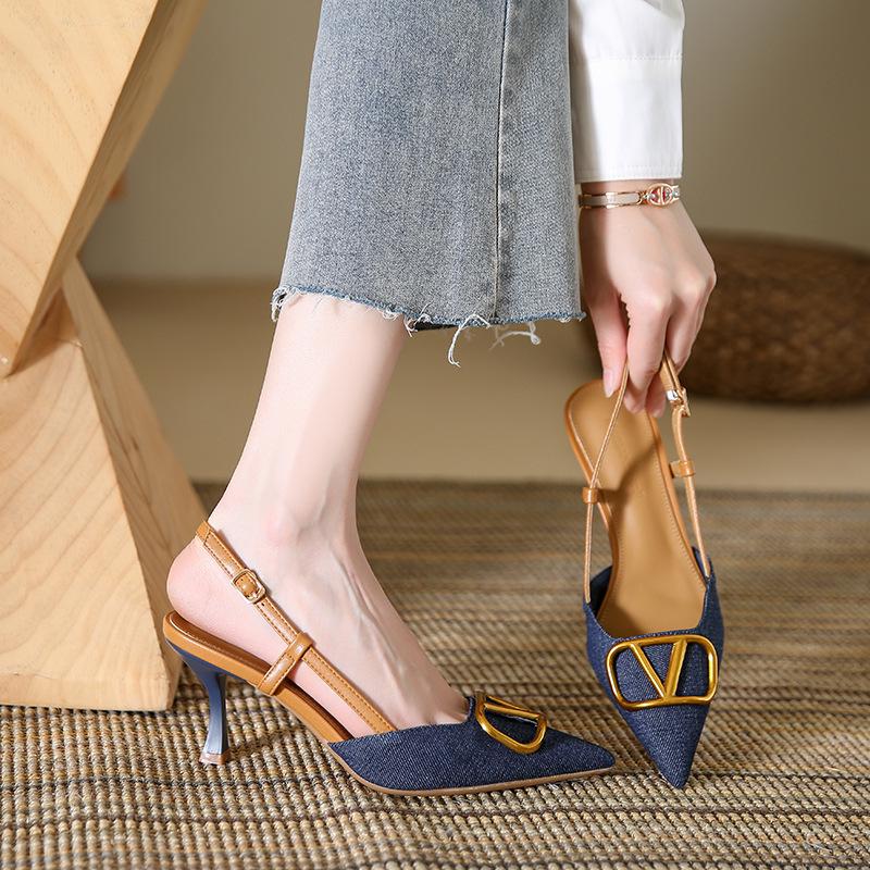 Korean Style Elegant Pointed Toe Stiletto Heel Denim Sandals for Spring and Autumn