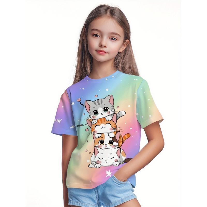 Süße Katzenmädchen Kleidung Druck Kinder T-Shirt Pullover Kurzarm Bequeme Kinderkleidung
