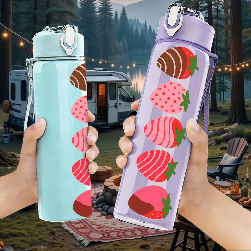 1PC Vertical Strawberry Slices 750ml Color Plastic Sports Water Bottle Leakproof Flip Straw Lid Suitable for Sports Office Home Use