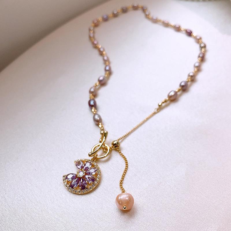 Color Freshwater Pearl Flower Necklace Women S Summer Micro-Inlaid Zircon Petal Pendant Neck Chain Temperament Jewelry