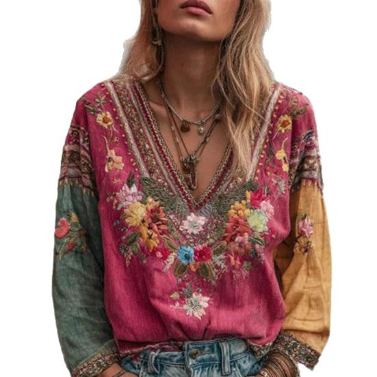 

Women Tops V-Neck Long Sleeve Embroidery Flower Printing Tee Shirt Bohemia Ethnic Style S