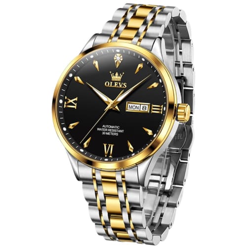 OLEVS Men's Mechanical Wristwatch, Automatic/Hand-Wound, Waterproof, Luminous, Date Display, Stainless Steel, Father's Day Gift, Black