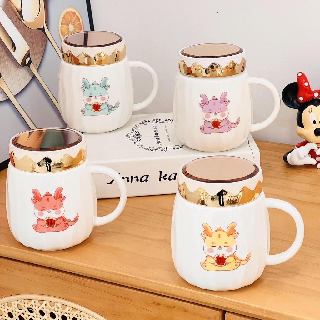 Opening Small Gift Cute Ceramic Cup with Lid Couple Large Volume Mug Mirror Simple Water Cup Home Set Durable Durable