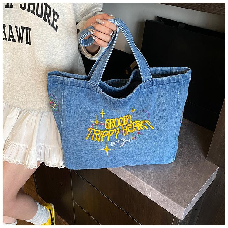 New Japanese Style Denim Tote Bag for Women Large Capacity School Commute Shoulder Handbag Casual Denim Purse