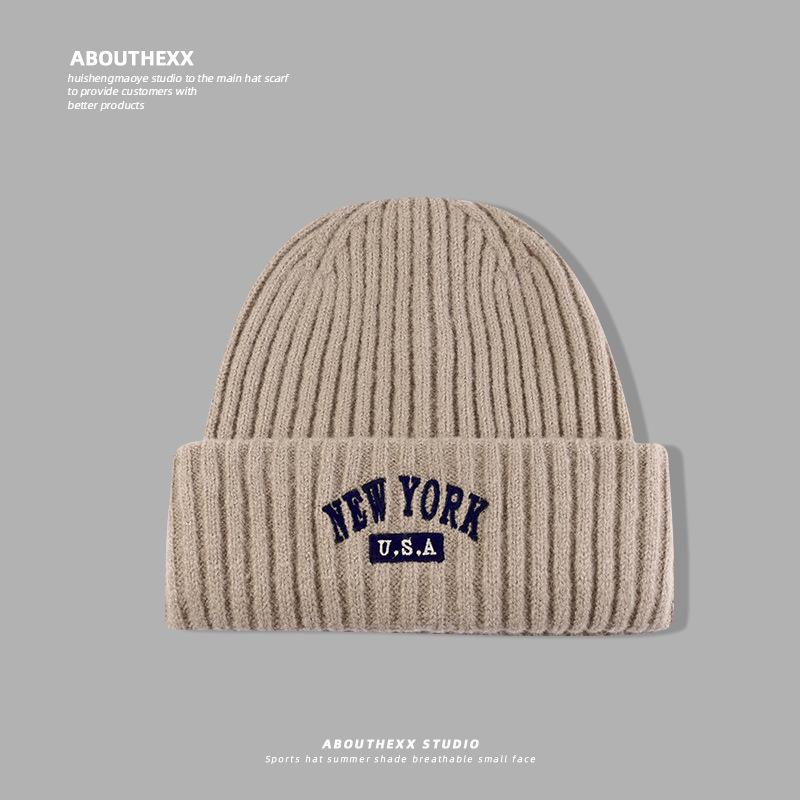 American Retro Letter Embroidery Hat for Women Autumn and Winter Warm Knitted Hat  Face Showing Small Woolen Hat  Men's Pullover Cold Hat Trendy
