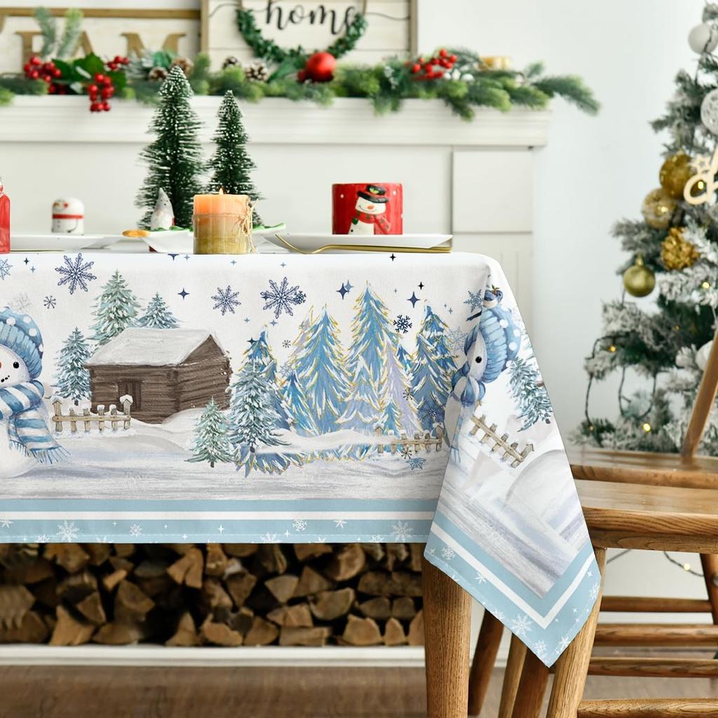 Christmas Snowman Pine Snow Waterproof Tablecloth Table Decor Winter Xmas Holiday Kitchen Dining Tablecloth Christmas Decoration