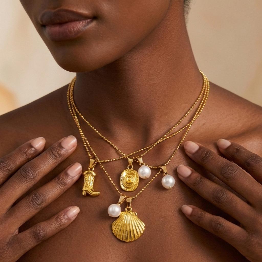 Cowboy Stiefel Cowboy Hut Anhänger Halskette Perlen Anhänger Ofen Vakuum Beschichtung 18K Echtgold