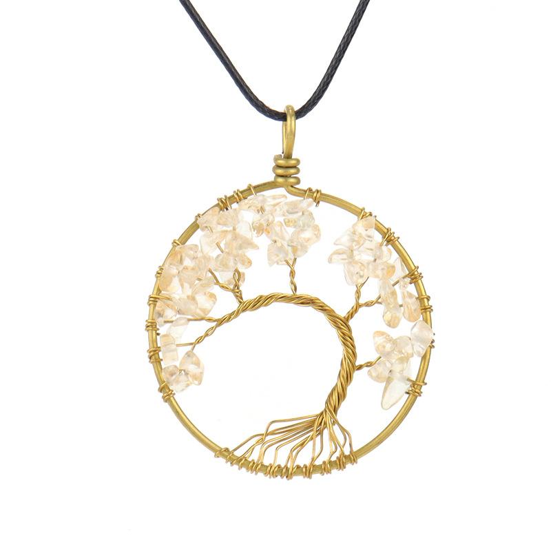 Hand-Wound Natural Gravel Crystal Pure Copper Curved Tree Of Life Pendant Necklace N43