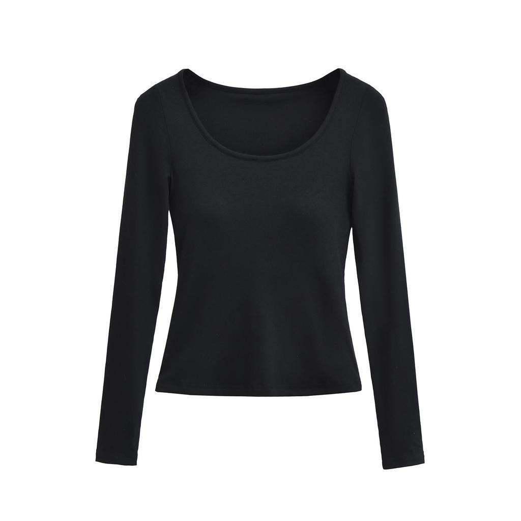2025 Autumn/Winter Women's Sexy Slim-Fit Long-Sleeve T-Shirt with Built-in Bra and U-Neck