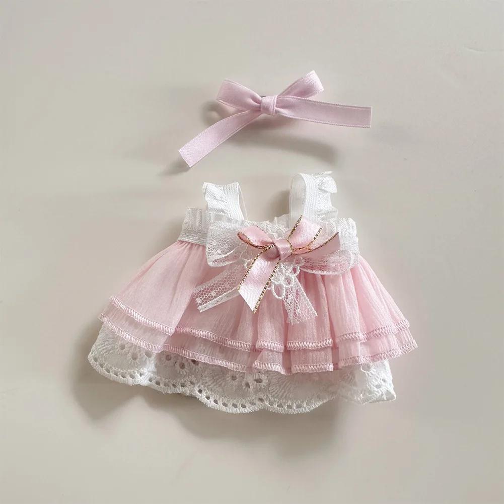 17cm Mini Plush Doll'S Clothes Outfit Accessories For Korea Kpop Labubu Idol Pink Bright Silk Bow Princess Gauze Skirt Clothing