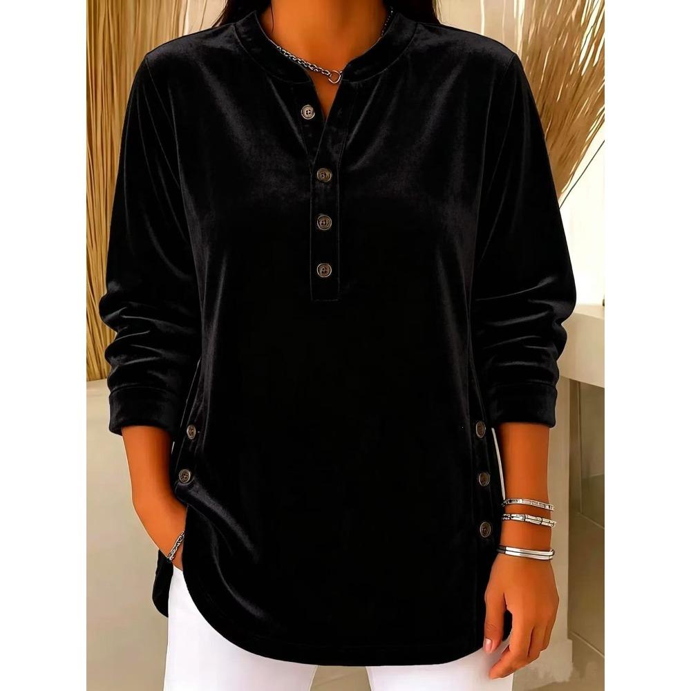 Autumn Winter New Women's Gold Velvet Top Casual Loose V-Neck Button Long Sleeve T-Shirt Velour Tee