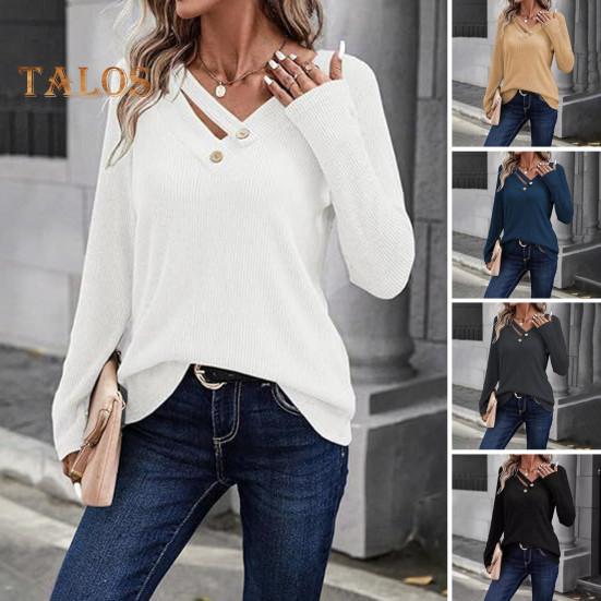 Topuri Dama Decolteu în V Mânecă Lungă Tricot Reiat Top cu Nasturi Decor Culoare Solidă Croială Lejeră Elastic Cămașă de Toamnă Ținută Casual de Birou