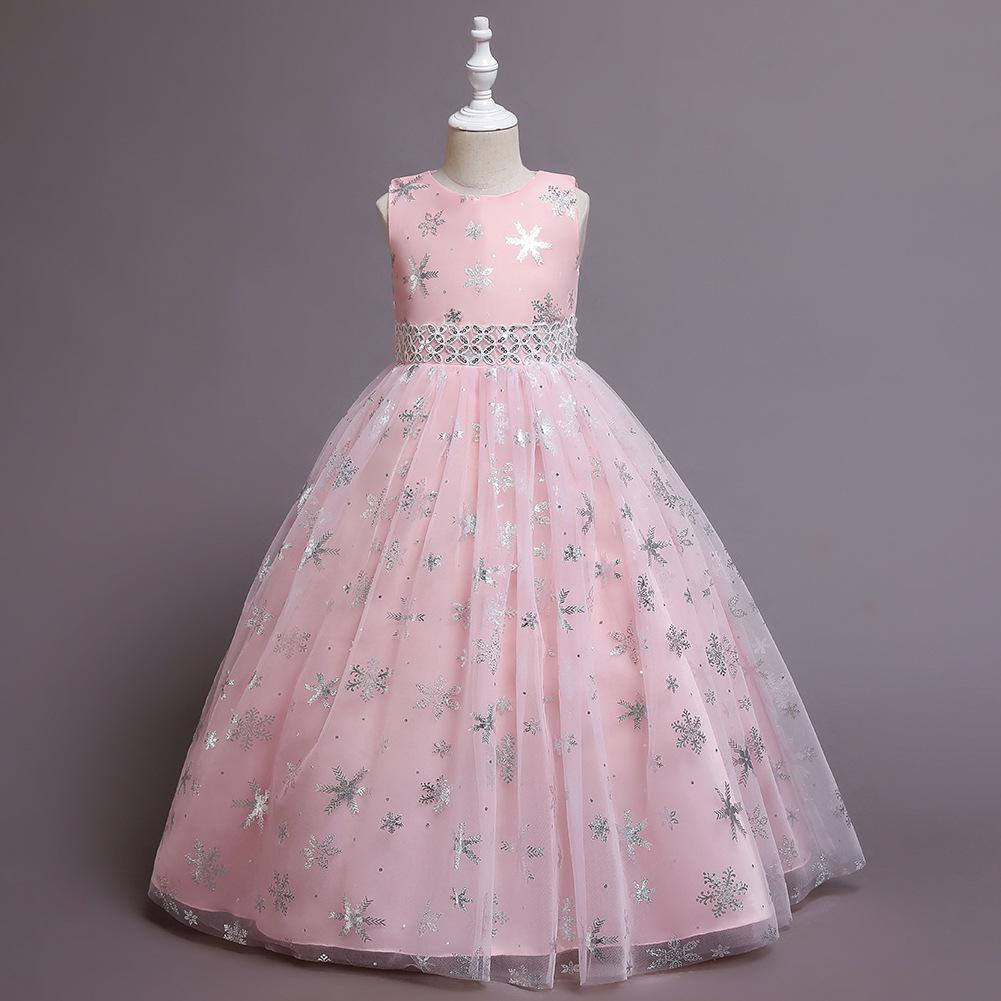 Summer Spring Autumn Kids Teen Girl Dress Sleeveless Snowflake Embroidery Mesh Princess Dresses Children Tutu Flower Girls Kid Party Ball Gown