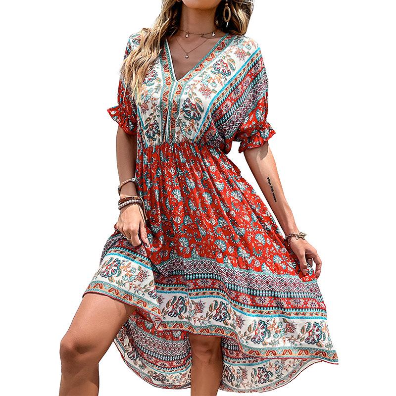 New summer vacation medium and long slim ethnic style print irregular dress