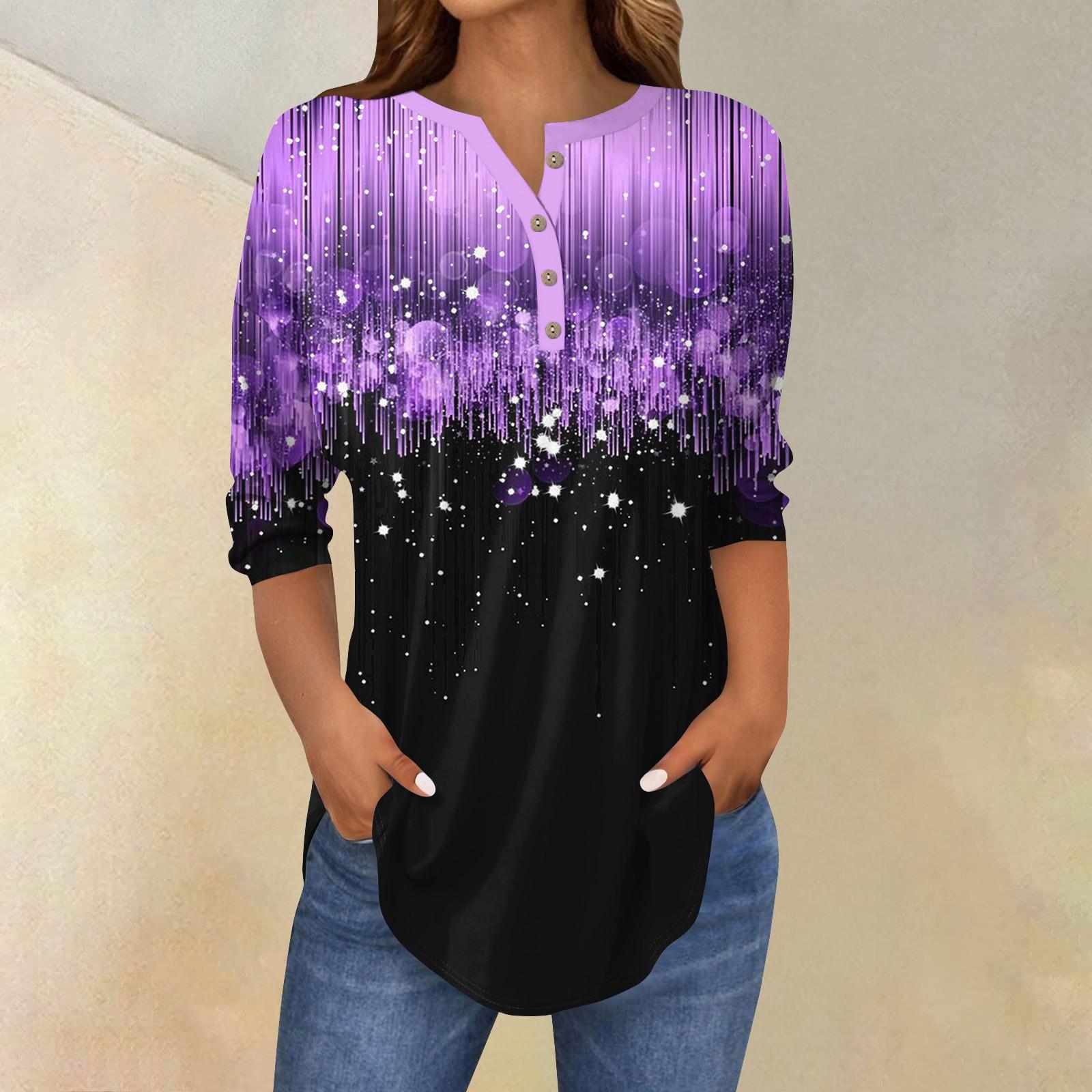 

Женский повседневный топ с рукавами 3/4 и принтом пайеток на пуговицах L фиолетовый