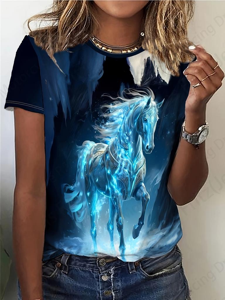 New Women T-Shirts Horse 3D Print Women's Round Neck Short Sleeve T Shirt Animal Graphic Tees Harajuku Y2K Tops Female Clothing
