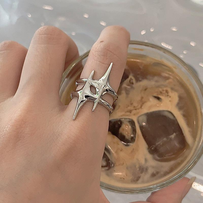 Geometric Starburst Double Layer Adjustable Silver Ring for Women