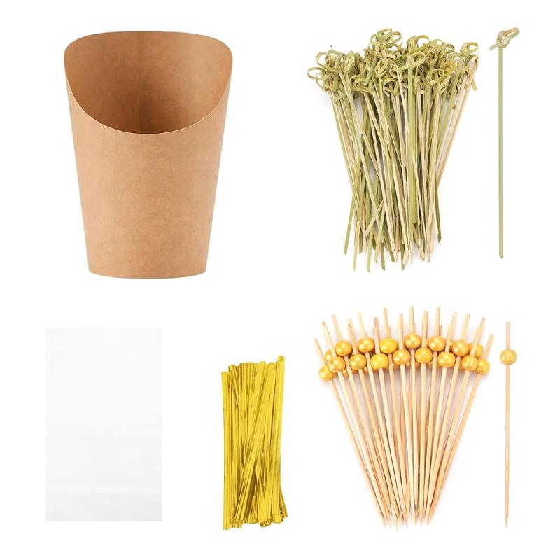 1 Set 14Oz Disposable Charcuterie Cup With Bamboo Cocktail Picks Gift Bag Ties French Fry Holder Snack Appetizer Paper Cup Kit
