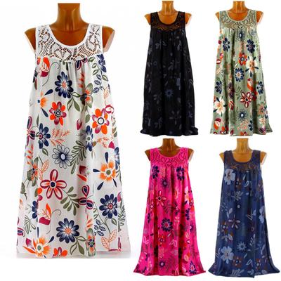 Fashion Plus Size Dress Women Sleevelss Lace Print Dress Loose Casual Summer Dress