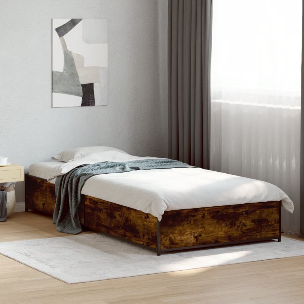 Bed Frame in Smoked Oak Finish 75 x 190 cm Made of Engineered Wood and Metal