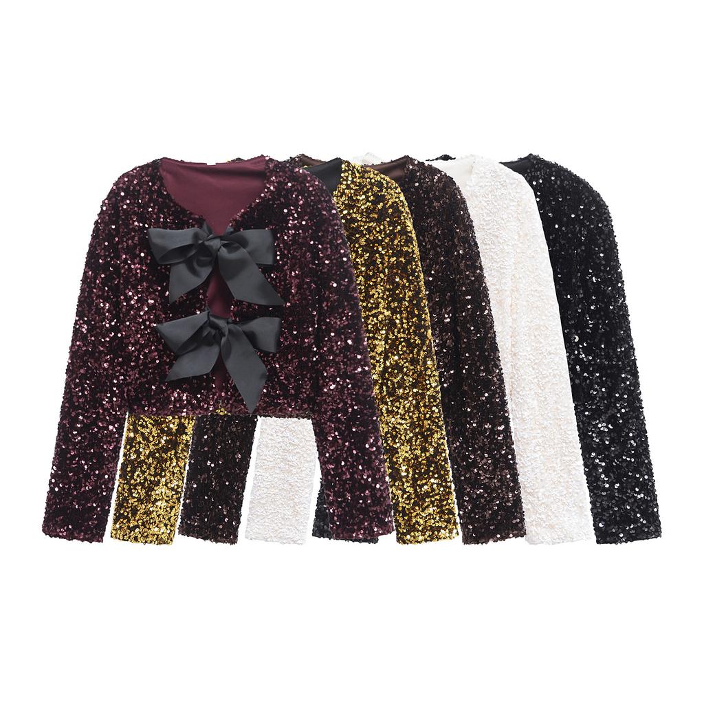 Autumn new women's clothing, stylish design, versatile casual sequins, long-sleeved short jacket