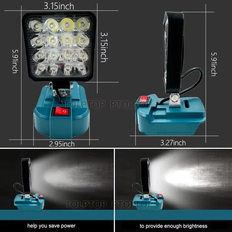 16 Beads LED Working Light Spotlight Portable Lamp Hand Lantern for Makita  14.4V 18V Li-ion Battery Cordless LED Flashlight