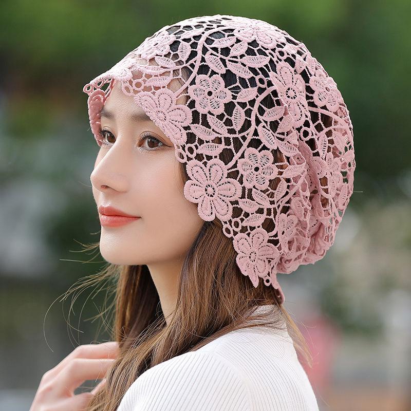 Women's Spring Summer Thin White Hair Cover Hollow Breathable Slouchy Lace Turban Flower Hat