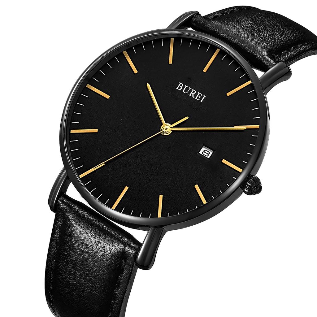 BUREI Men's Analog Quartz Watch with Date Display, Waterproof, Popular, Simple, Stylish, Commuter Watch with Leather Strap (Black, Black, Leather)