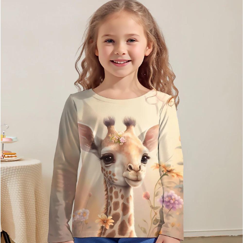 Kids Crew Neck Long Sleeve T‑Shirt, Colorful Giraffe 3D Print Casual Loose Halloween Party Daily Wear Tops for Children