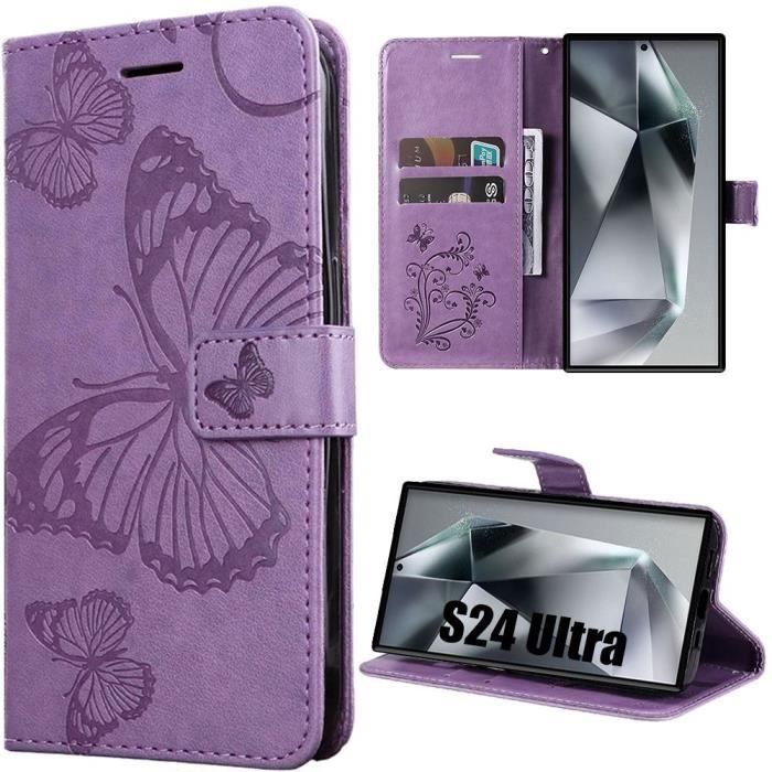 Coque de protection - Booling - pour Samsung Galaxy S24 Ultra - Violet - Cuir PU - Motif Papillon