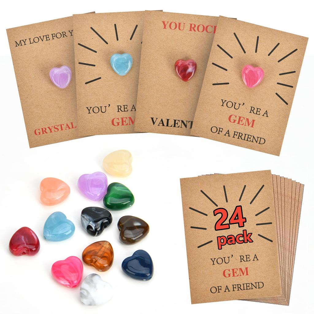 48PCS Gem Valentines Cards with Heart-Shape Crystal Stone Valentine Exchange Card for Boys Girls School Classroom Party Favors