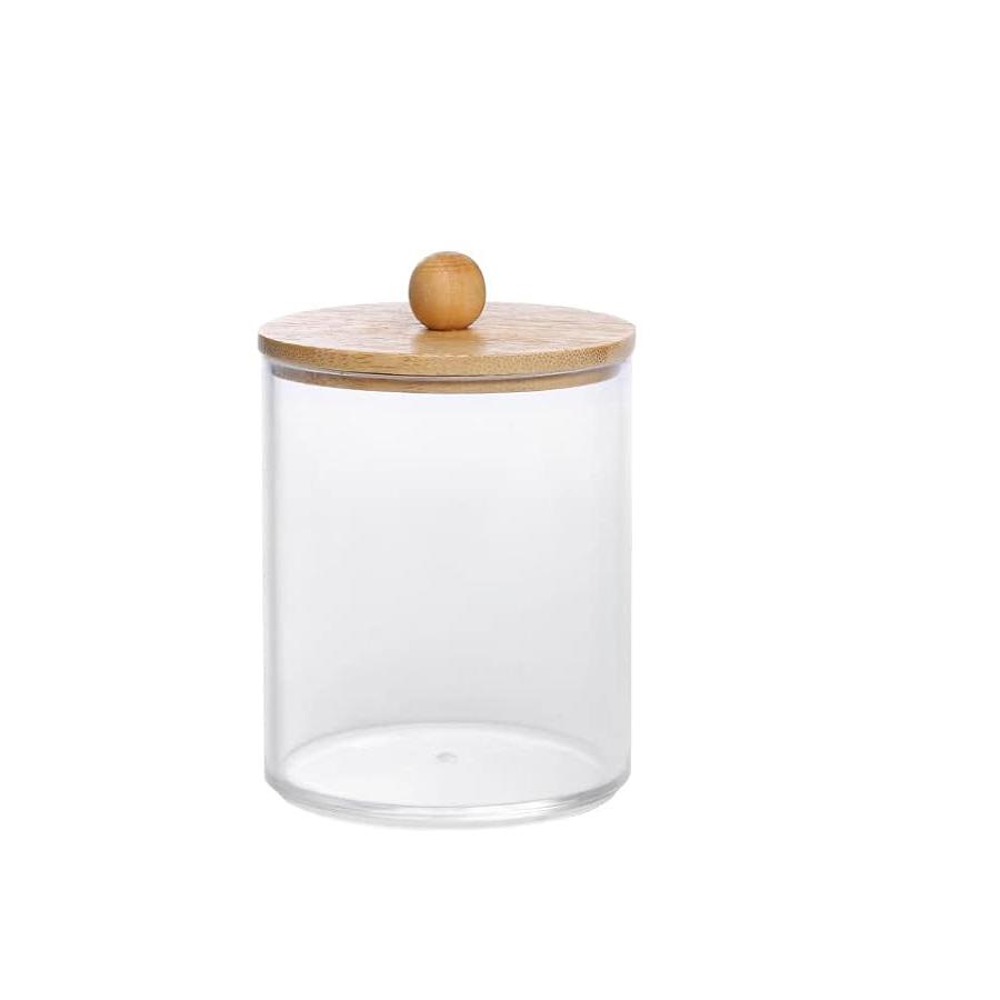 

Qtip Holder, 10-Ounce Bathroom Organizer Accessories Storage Containers Clear Plastic Apothecary Jars with Bamboo Lids