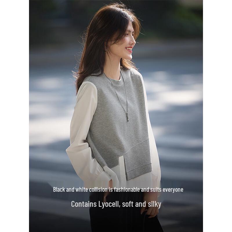 Women s Faux Two-Piece Irregular Lyocell Knit Patchwork Sweatshirt XL