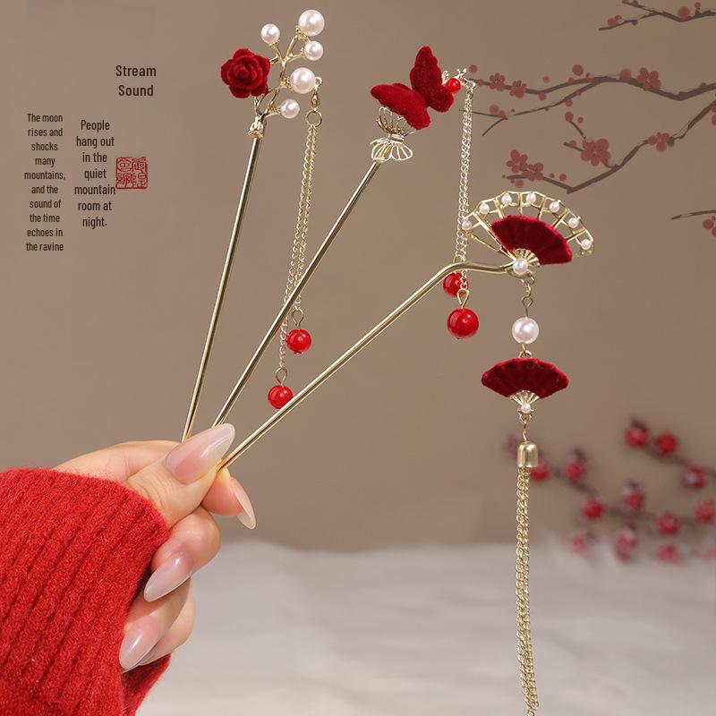 

Заколка для волос с кисточкой в китайском стиле с красным цветком для женщин