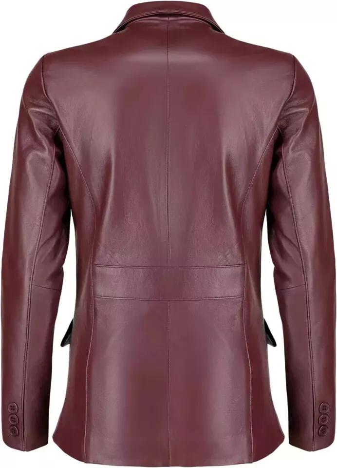 Lær Håndlaget Klassisk Stilig Dameblazer Burgunder Dobbelknapp Ekte Lammeskinn