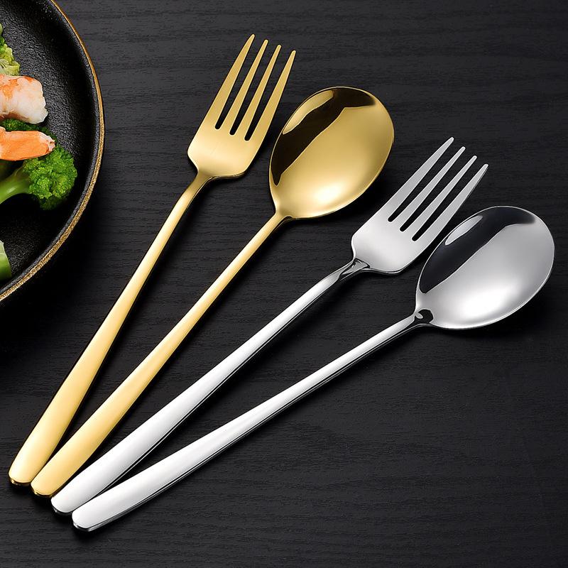 2Pcs Stainless Steel Golden Silver Fork Spoon Fork Spoon Heat-Insulated Long Handle Stirring Dessert Spoons Kitchen Gadgets