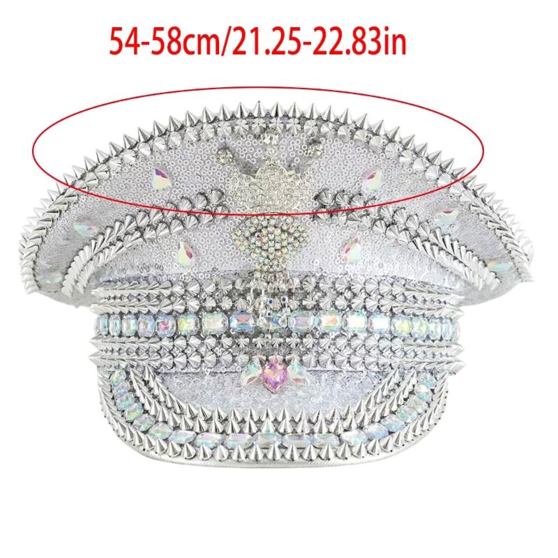 Captain Cap With Sparkling Crystals Sequins Rivet Studdeds For Daily Wear Outdoor Event And Special Occasion Photoshoots