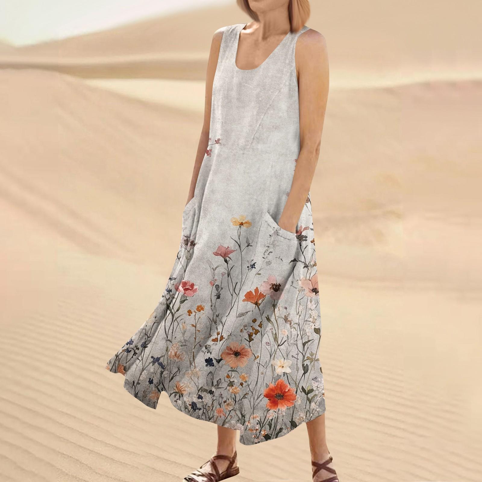 

Жіноча модна повсякденна одноколірна бавовняна лляна сукня з кишенями без рукавів M