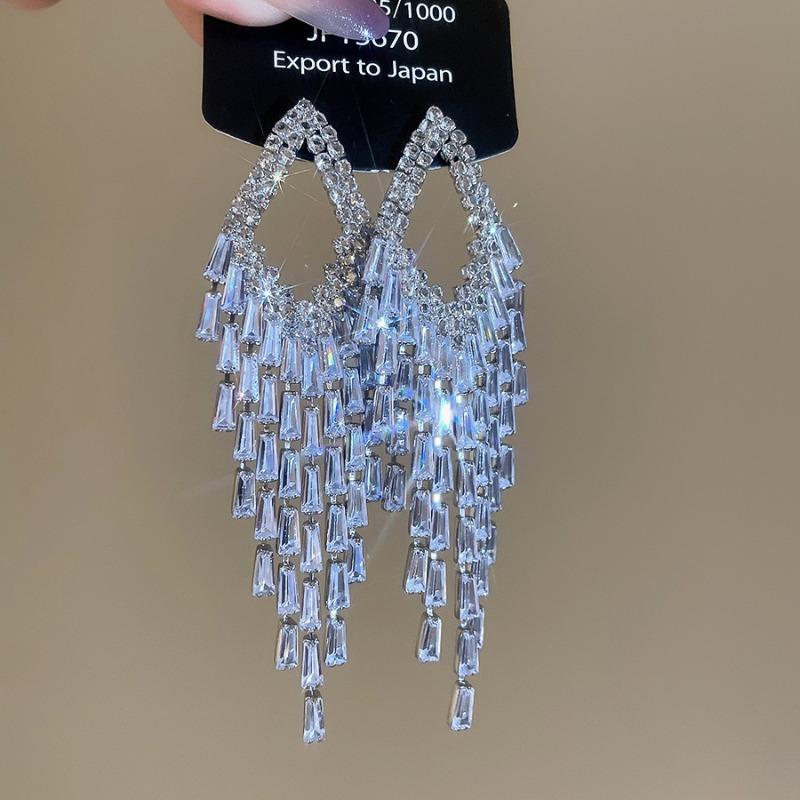 Silver Needle Super Flash Zircon Rhombus Rectangle Tassel Earrings Fashion Versatile Stud Earrings Earrings Light Luxury Premium Earrings