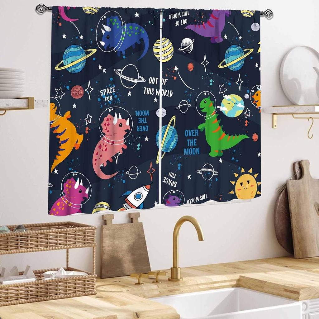 Dinosaur Curtains for Kids Room,Cartoon Animal Dino Outer Space Planet Astronaut Theme Baby Boys Nursery Window Treatments