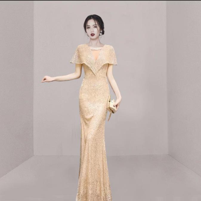 Fishtail evening dress skirt women's 1011 new banquet temperament host feeling light luxury niche style champagne