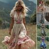 Dámské maxi šaty s květinovým potiskem, krátký rukáv, výstřih do V, kolové šaty, boho, splývavé, áčkové šaty, ležérní, společenské, párty, šaty pro svatebního hosta