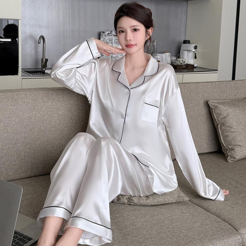 Nordic Style Solid Color Ice Silk Pajamas Women'S Long-Sleeved High-End Spring And Autumn New Comfortable Loungewear Set