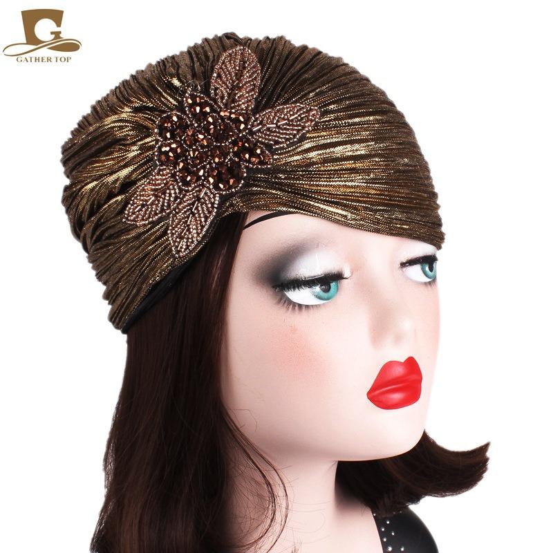 Nobile cappello indiano plissettato bronzato, accessori gioiello foulard berretto TJMC