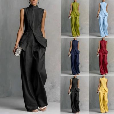 Sommer 2-teiliges Damen-Outfit, einfarbiges ärmelloses eng anliegendes Crop-Top + weite Hosen, lässiges Mode-Streetwear-Set für Damen