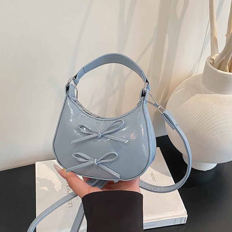 Cute Bowknot Shoulder Bag for Women Mini Hobo Bag Glossy Patent Leather Underarm Purse Vintage Y2K Crossbody Bag Sweet Girls Handbag