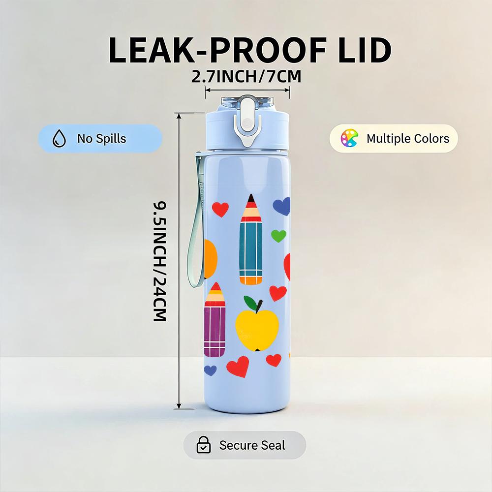1PC Heart Pencil Fruit Layout 750ml Color Plastic Sports Water Bottle Leakproof Flip Straw Lid For Sports Office Home Use