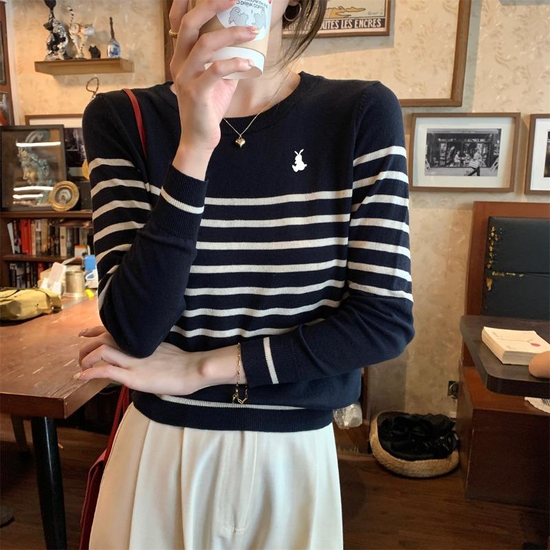 Chic temperament Early autumn crew neck retro high-end striped embroidered inner long-sleeved knitted bottoming shirt women's top